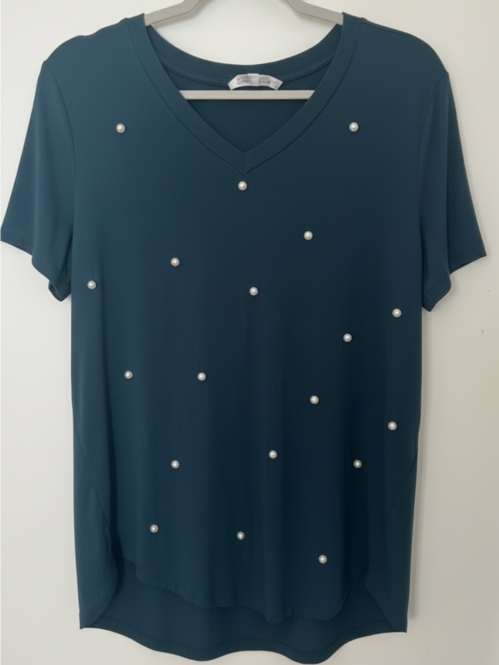 Amaryllis Black V-Neck Short Sleeve Tee with Pearl Accents